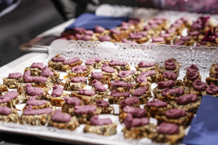 Kleine Speisen liegen angerichtet auf einem Tablett