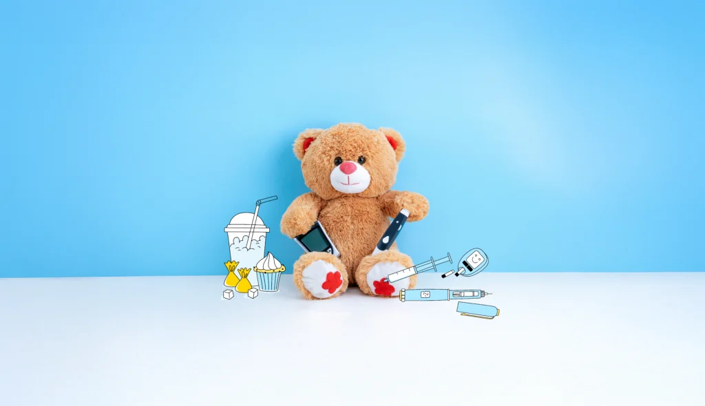 Teddybär vor blauem Hintergrund davor gezeichnete Geräte