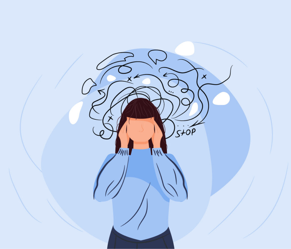 Illustration einer Frau mit Kopfschmerzen, die sich den Kopf hält, während über ihr ein stilisiertes, chaotisch dargestelltes Gehirn schwebt.